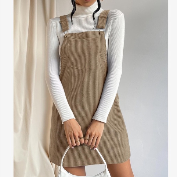Classic Elegant Corduroy Solid Pocket Jumper Overall Dress Without Sweater - Picture 4 of 6